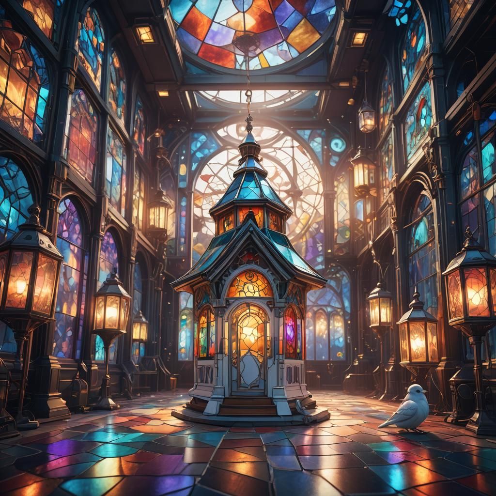 Futuristic Stained Glass Birdhouse in Sci-Fi Setting