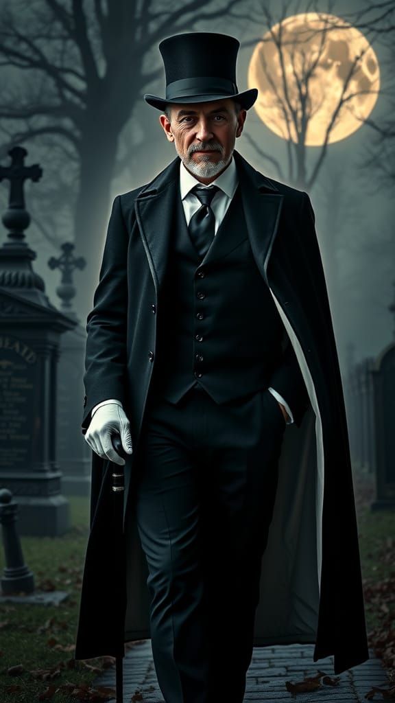 Elegant Gentleman Strolls Through Haunted Cemetery in Moonli...