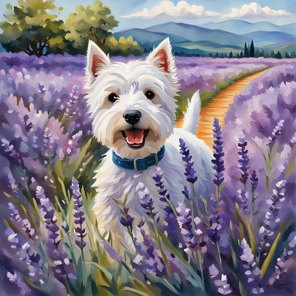 Westie in Lavender Field: Gouache Watercolor Masterpiece