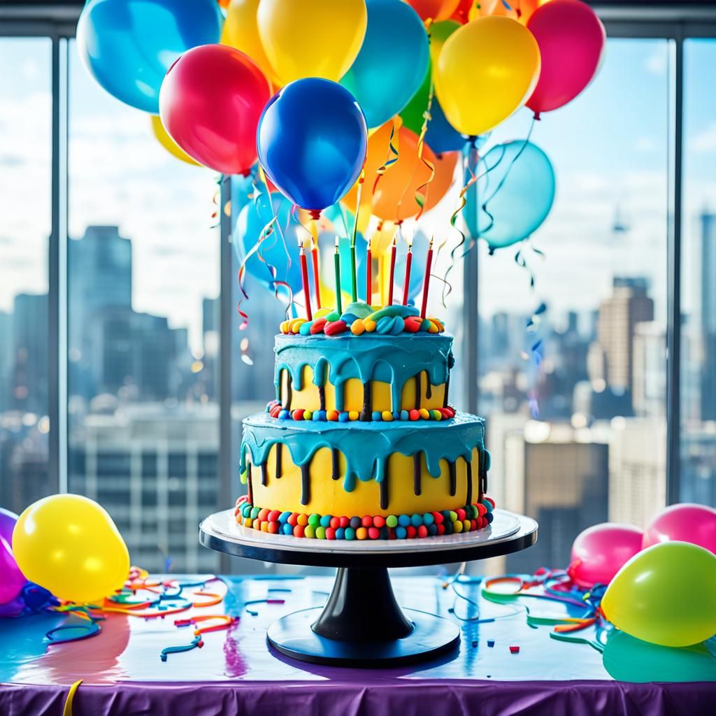 Vibrant Party Scene with Cake and Balloons
