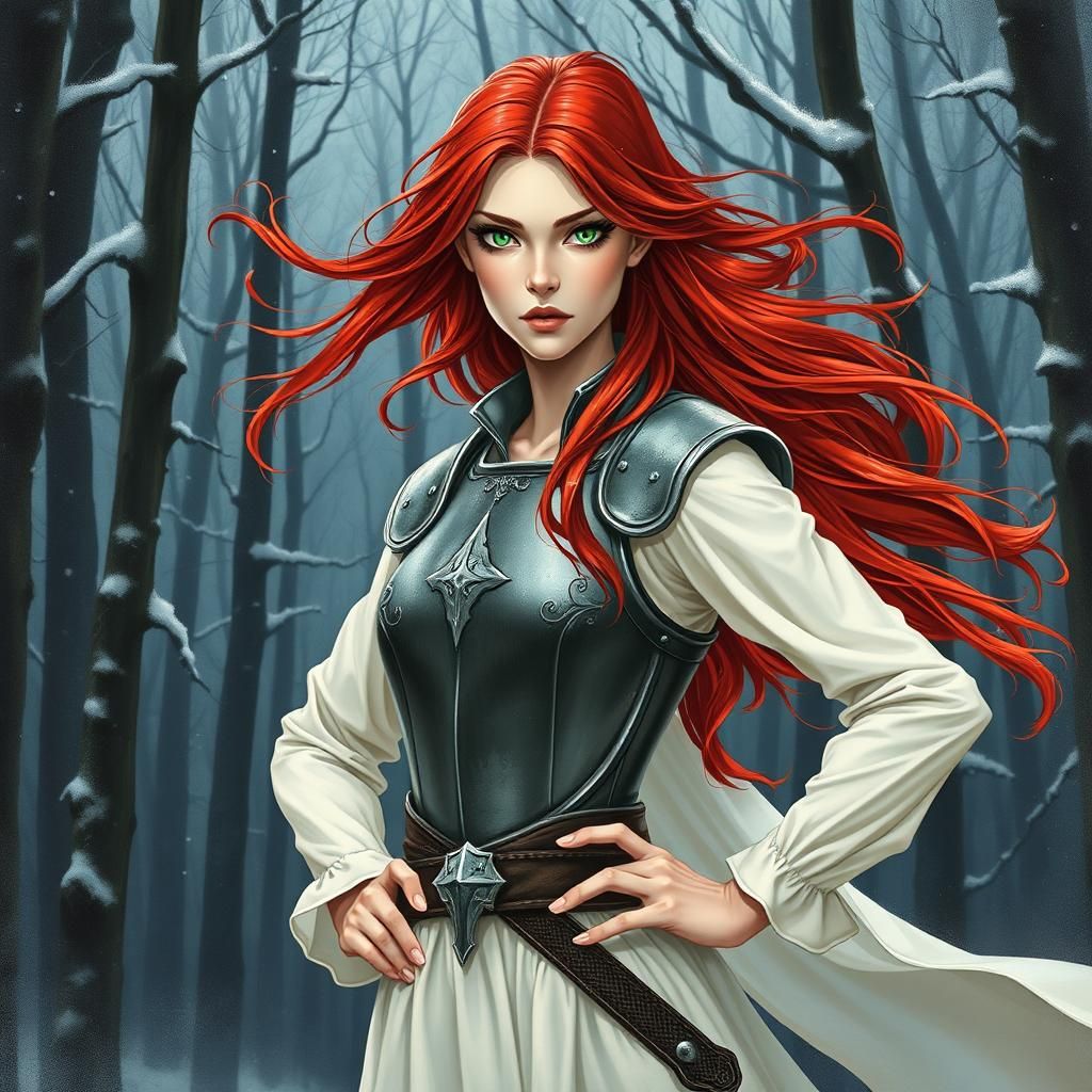 Fantasy Woman Knight in Snowy Forest