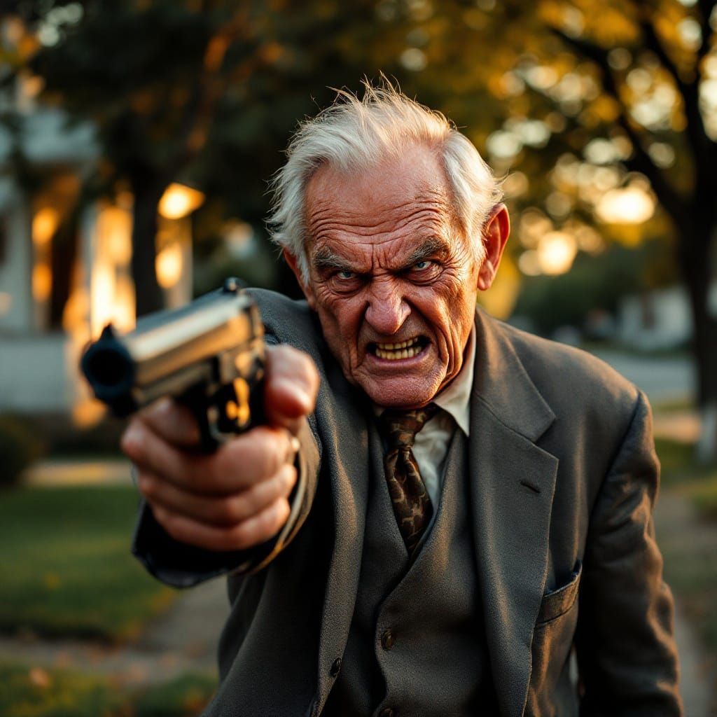 Furious Old Man with Gun in Suburbia