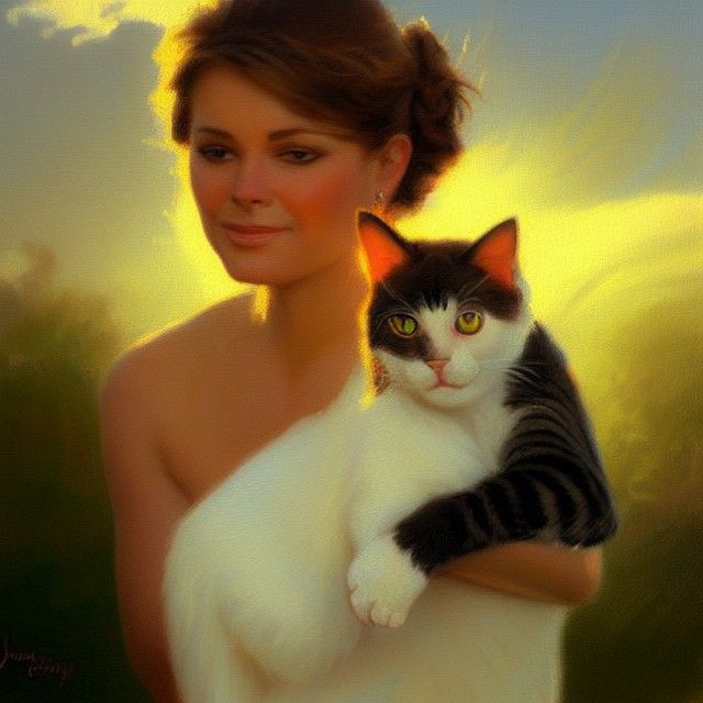 Beautiful Lady with Cat in Oil Painting