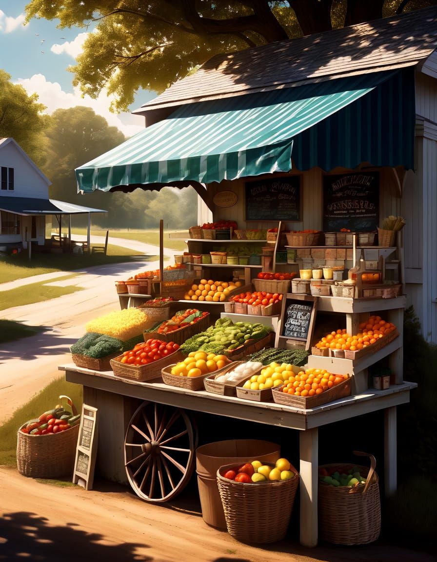 Quaint Farm Stand Laden With Produce on Country Road