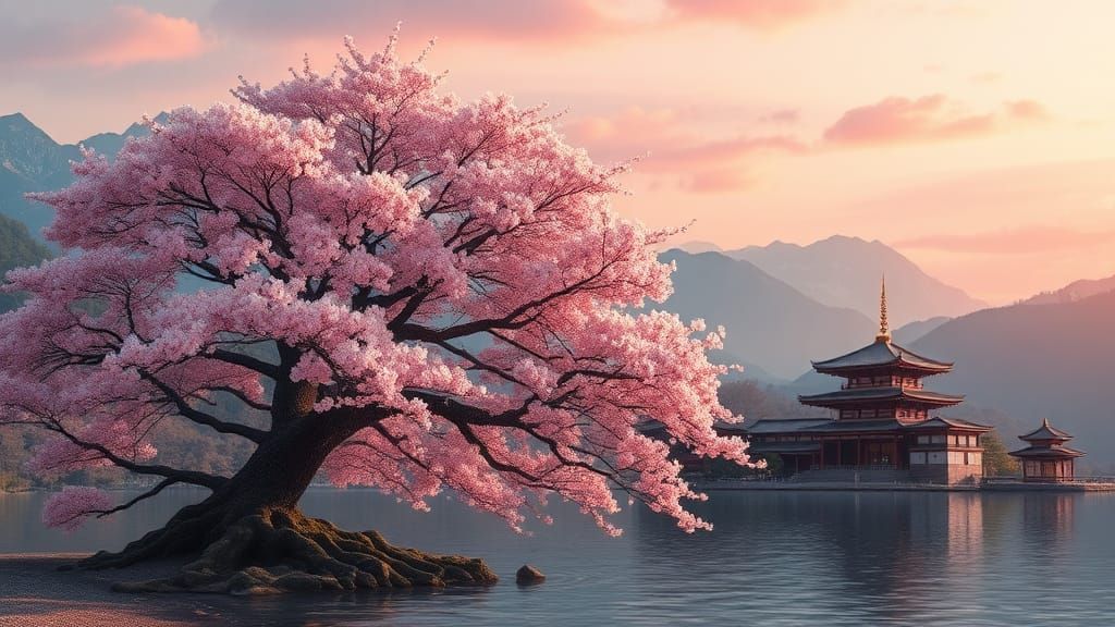 A beautiful ancient sakura tree in front of a lake. Mountains and Japanese temples in the background.