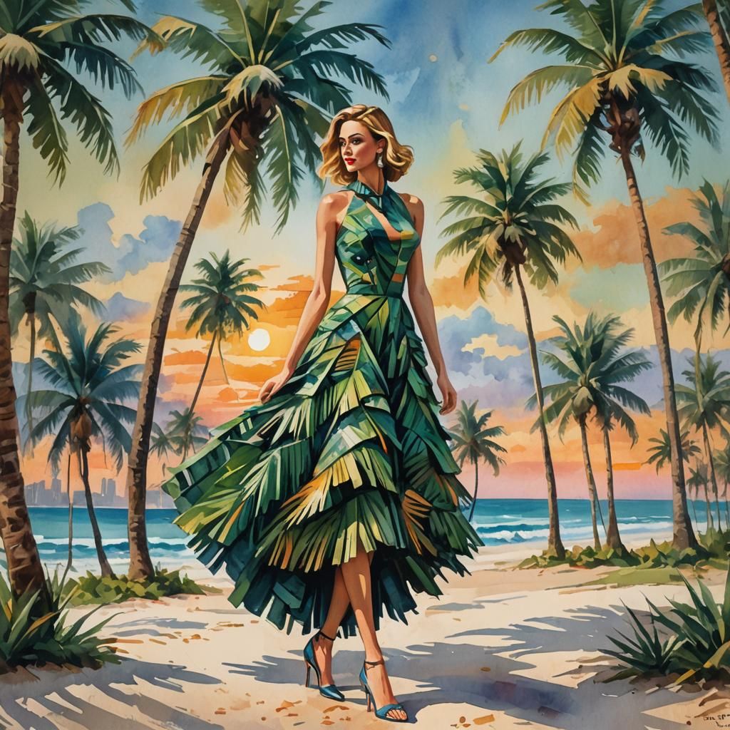 Palm Dress on Woman at Sunrise as Gouache Painting