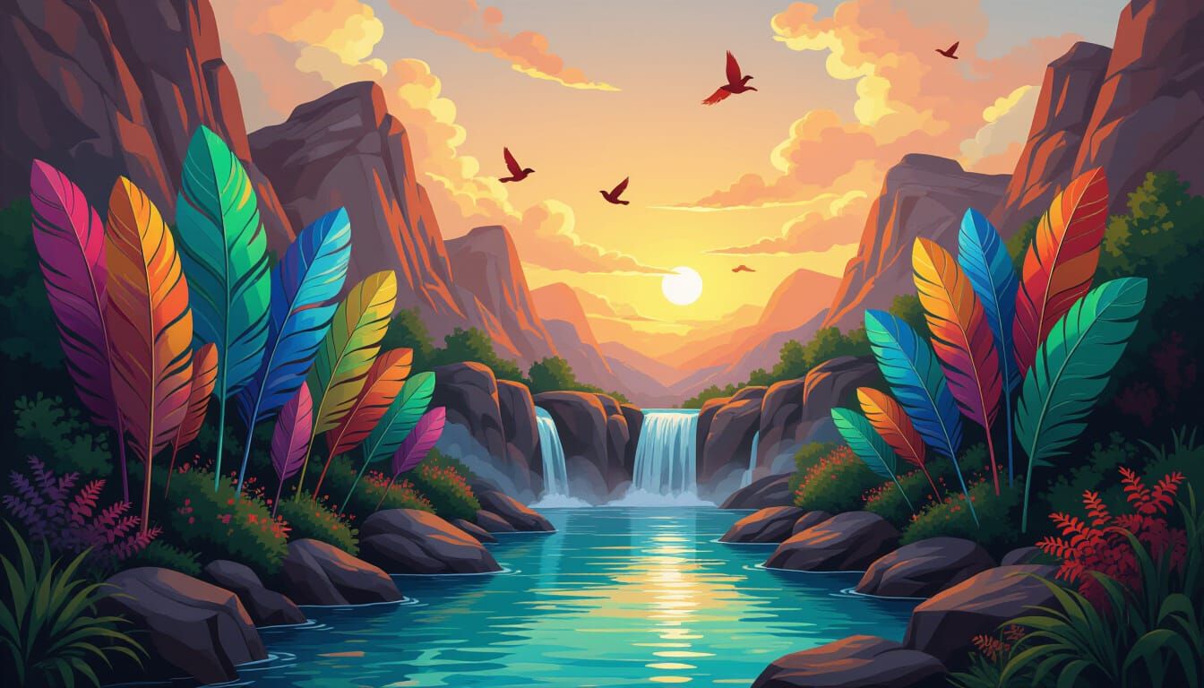 Iridescent Feather Forest Landscape in Abstract Expressionis...