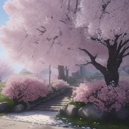 A cherry tree and its flowers scattered