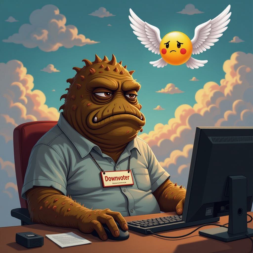 Mud Monster at Computer with Downvoter Nametag