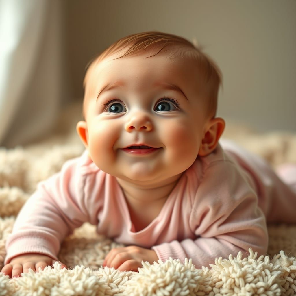 Adorable Baby Boy Crawling, Soft Golden Portrait