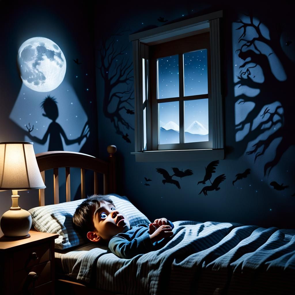 Frightened Child's Nighttime Fears Projected as Shadows