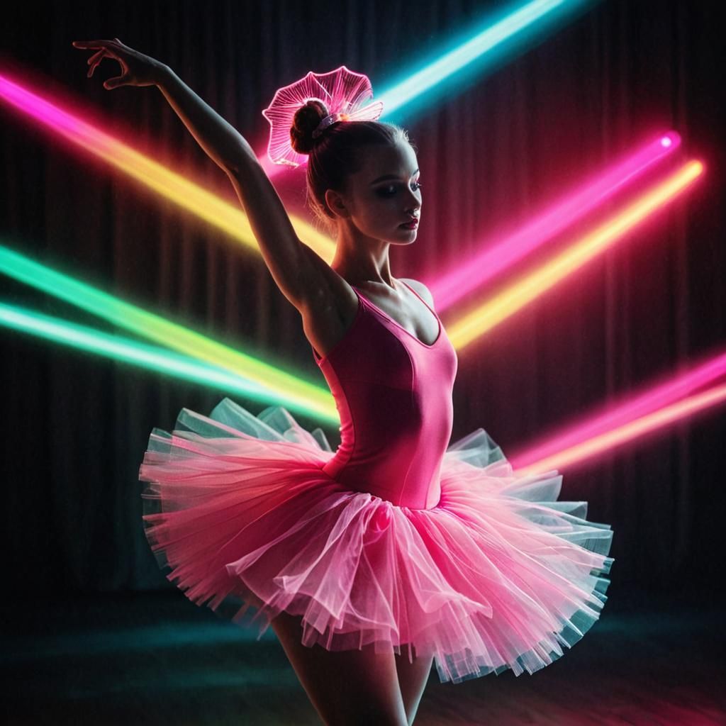 Ballerina Dancing in Neon-Lit Ballroom