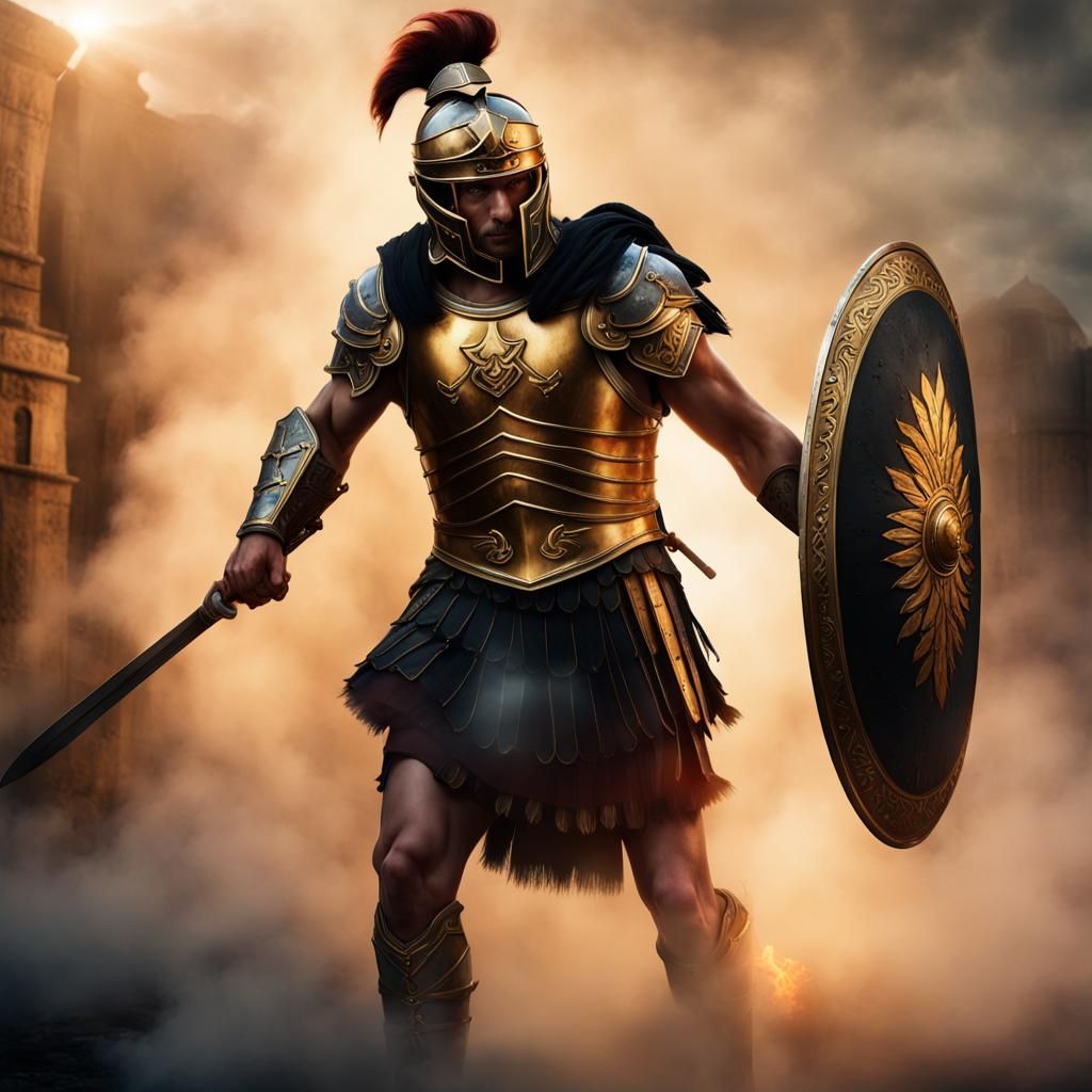Roman Warrior with Burning Eyes in Golden Armor