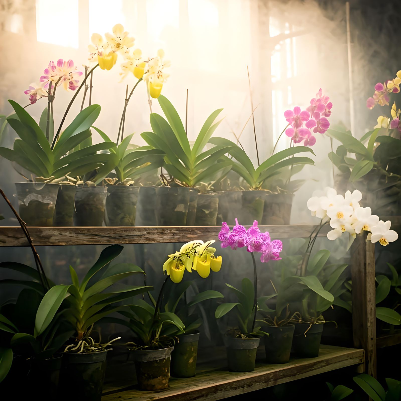 Orchids in Foggy Greenhouse: Botanical Illustration