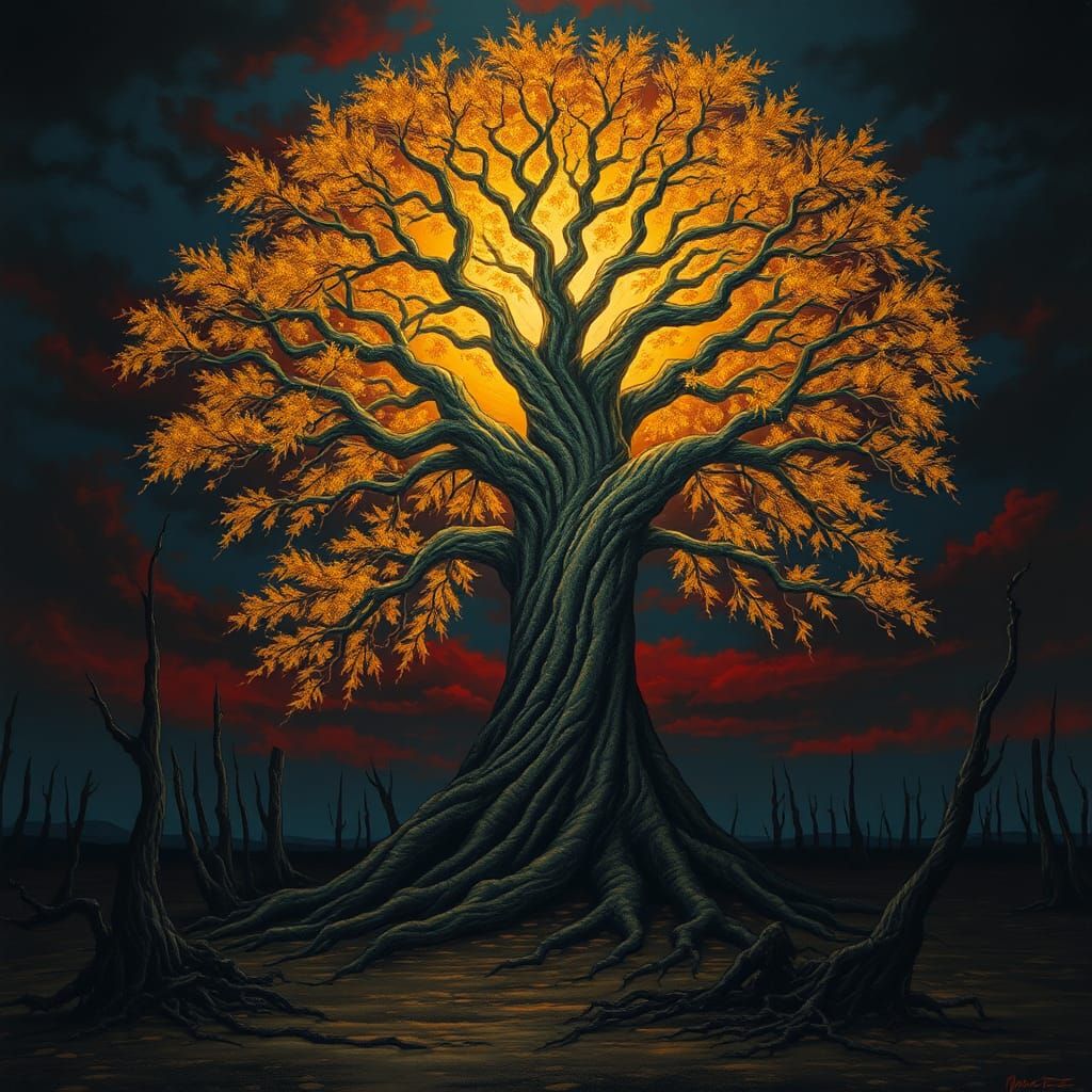 Radiant Tree in Dark Wasteland: Surreal Illustration