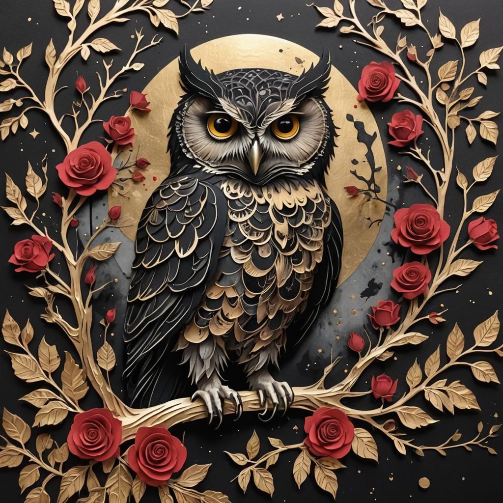 Papercut Owl with Crimson Moon and Gold Roses