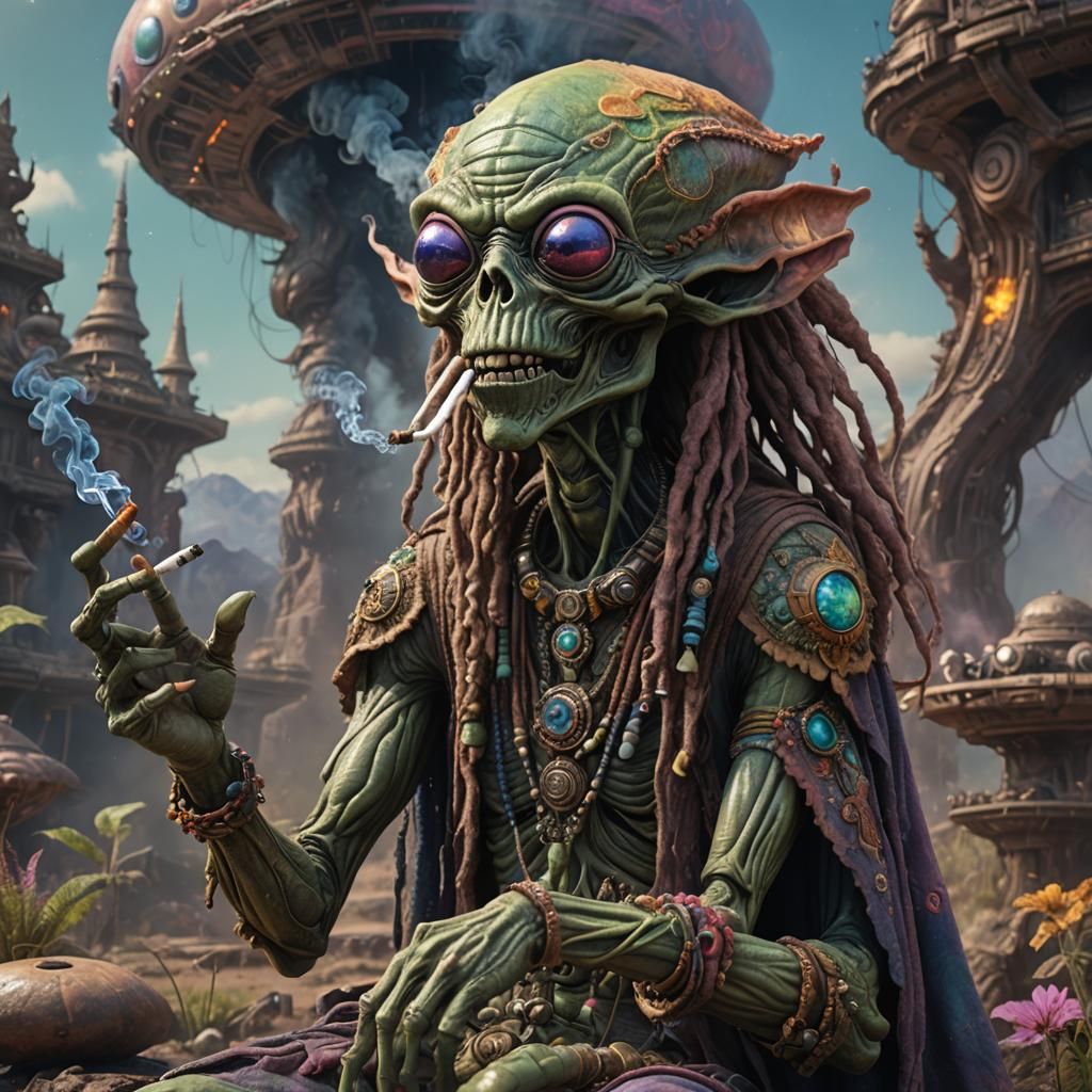Hippie Alien Smoking: Detailed Matte Painting