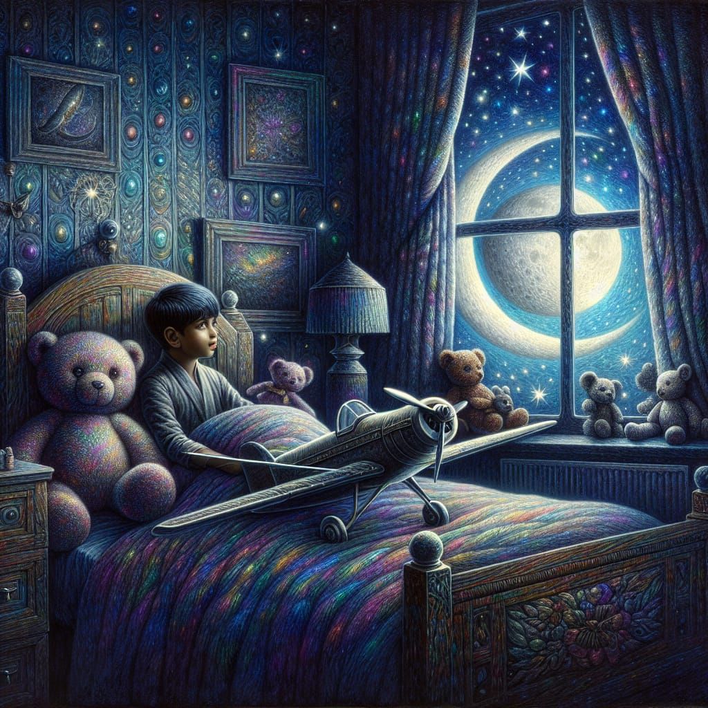 Boy's Midnight Adventure in a Romantic Oil Painting