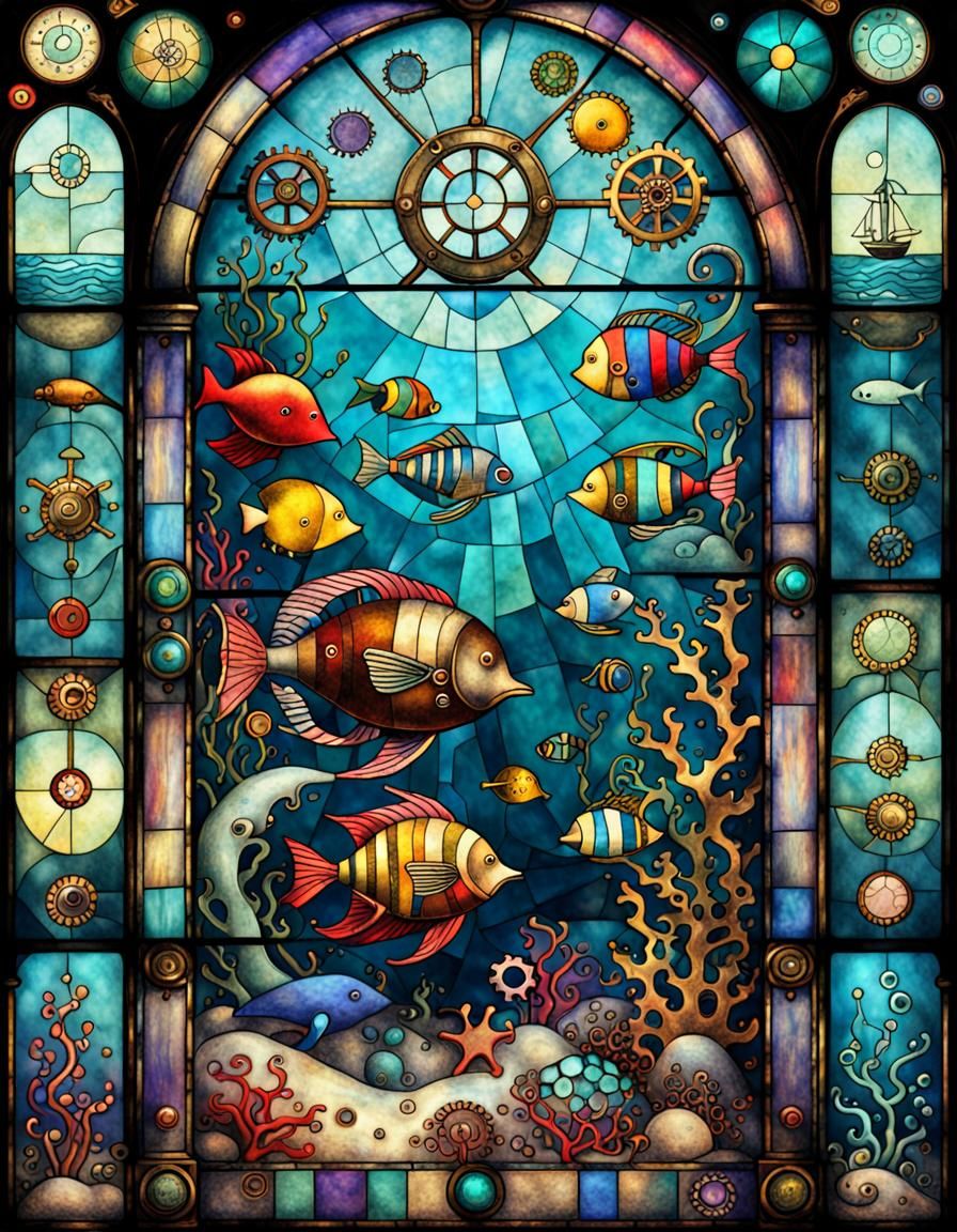 Steampunk Sea Life in Stained Glass Style