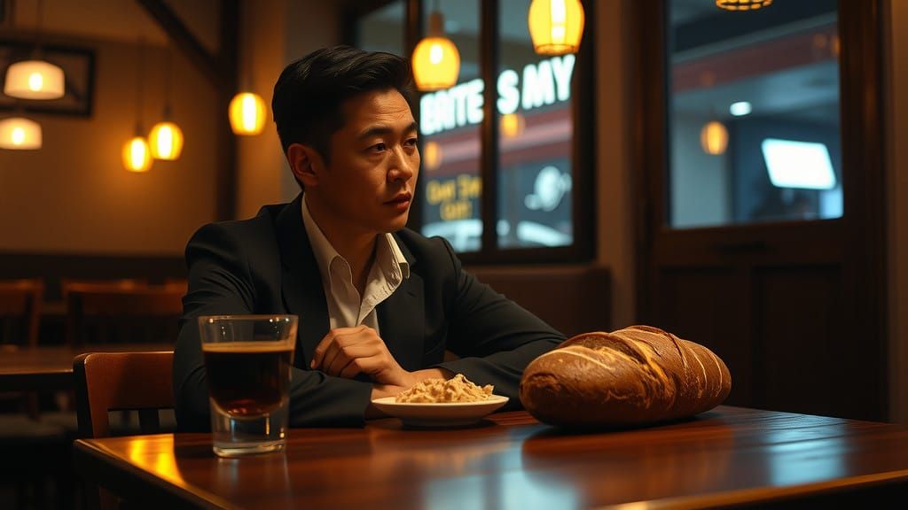 Elegant Asian Man Enjoying Quiet Night at the Cafe