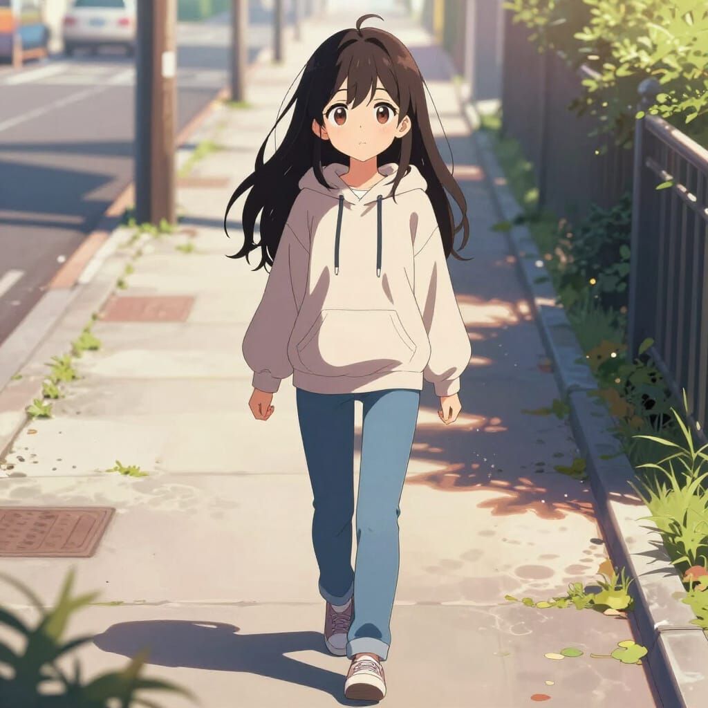 Cute Girl in Hoodie and Jeans on Sunlit Sidewalk