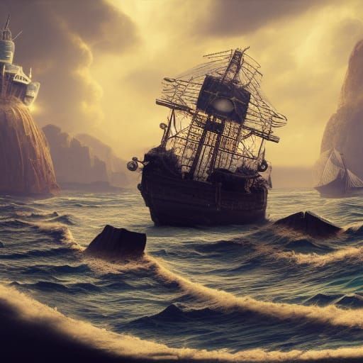 Crabs on a Black Ship at the Beach