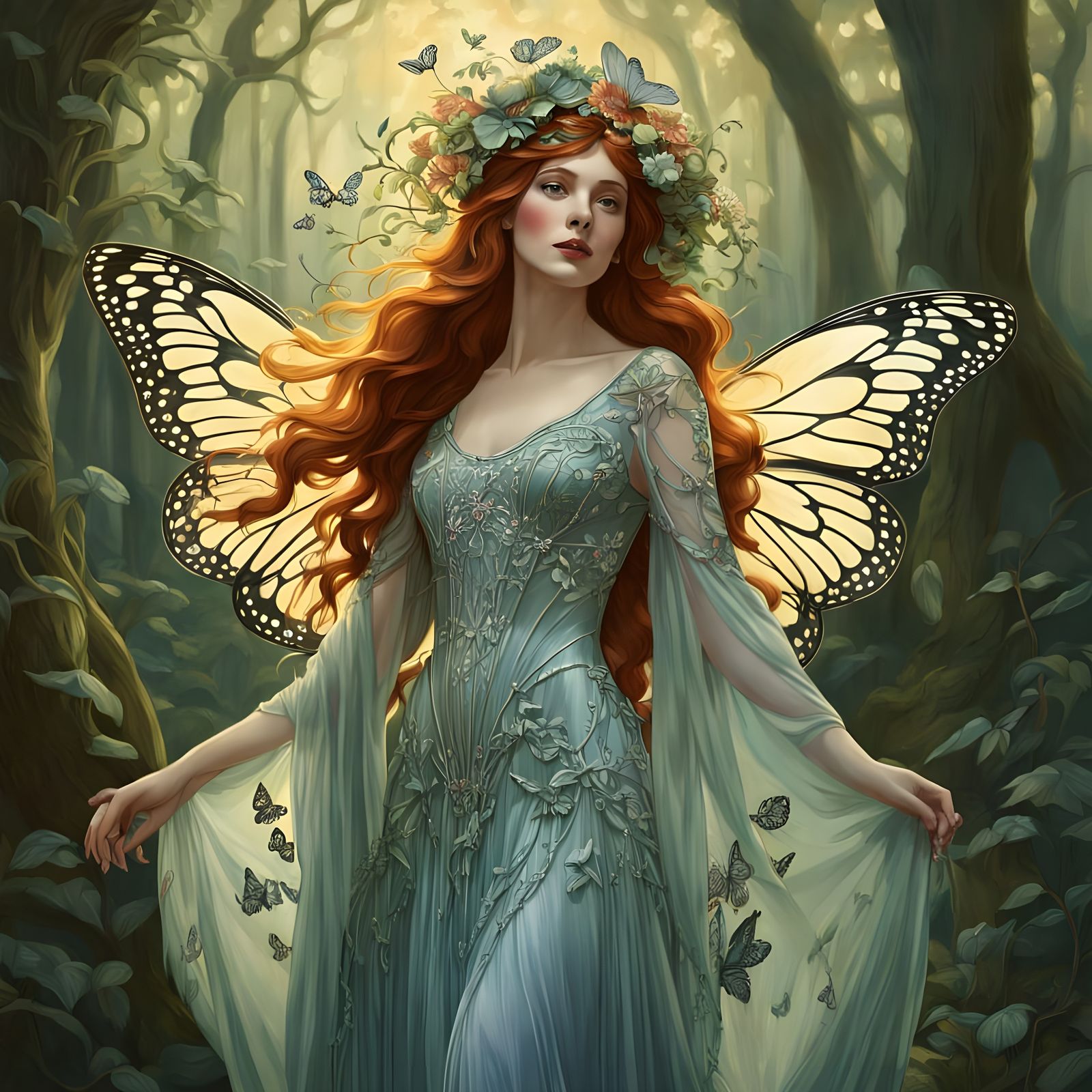 Art Nouveau Woman in Butterfly Wing Hat