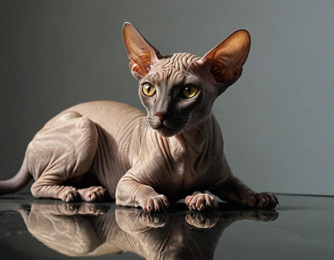 Glowing Sphinx Cat with Golden Light Reflection