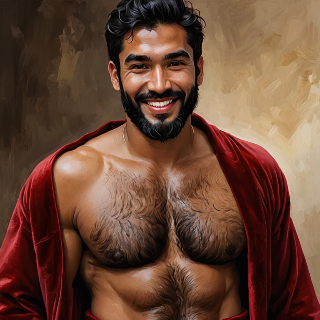 Hairy Turkish Man in Red Velvet Bathrobe as Oil Painting