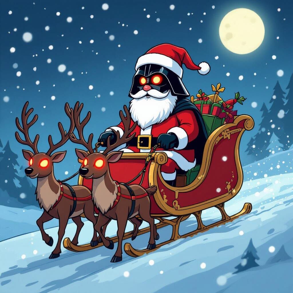 Darth Vader as Santa Claus in Snowy Night Sky