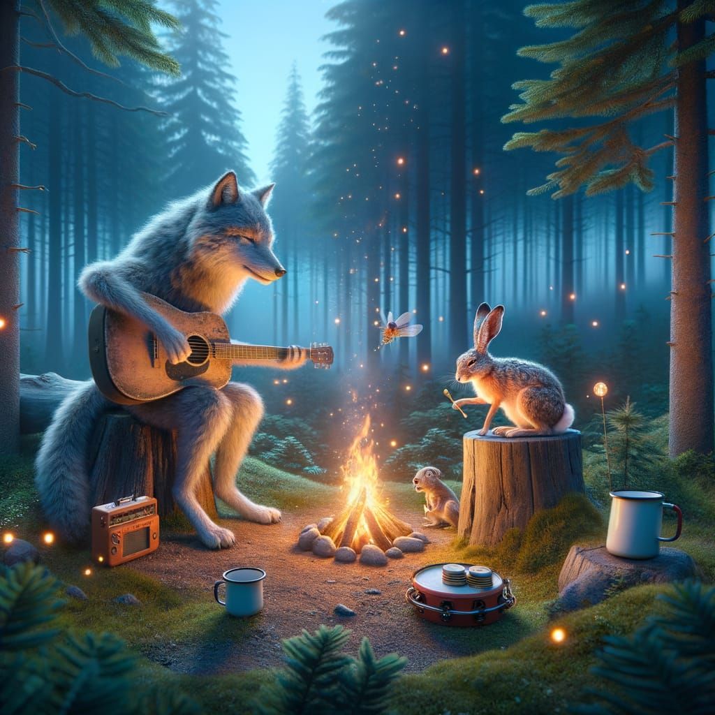 Wolf Plays Guitar by Campfire in Forest
