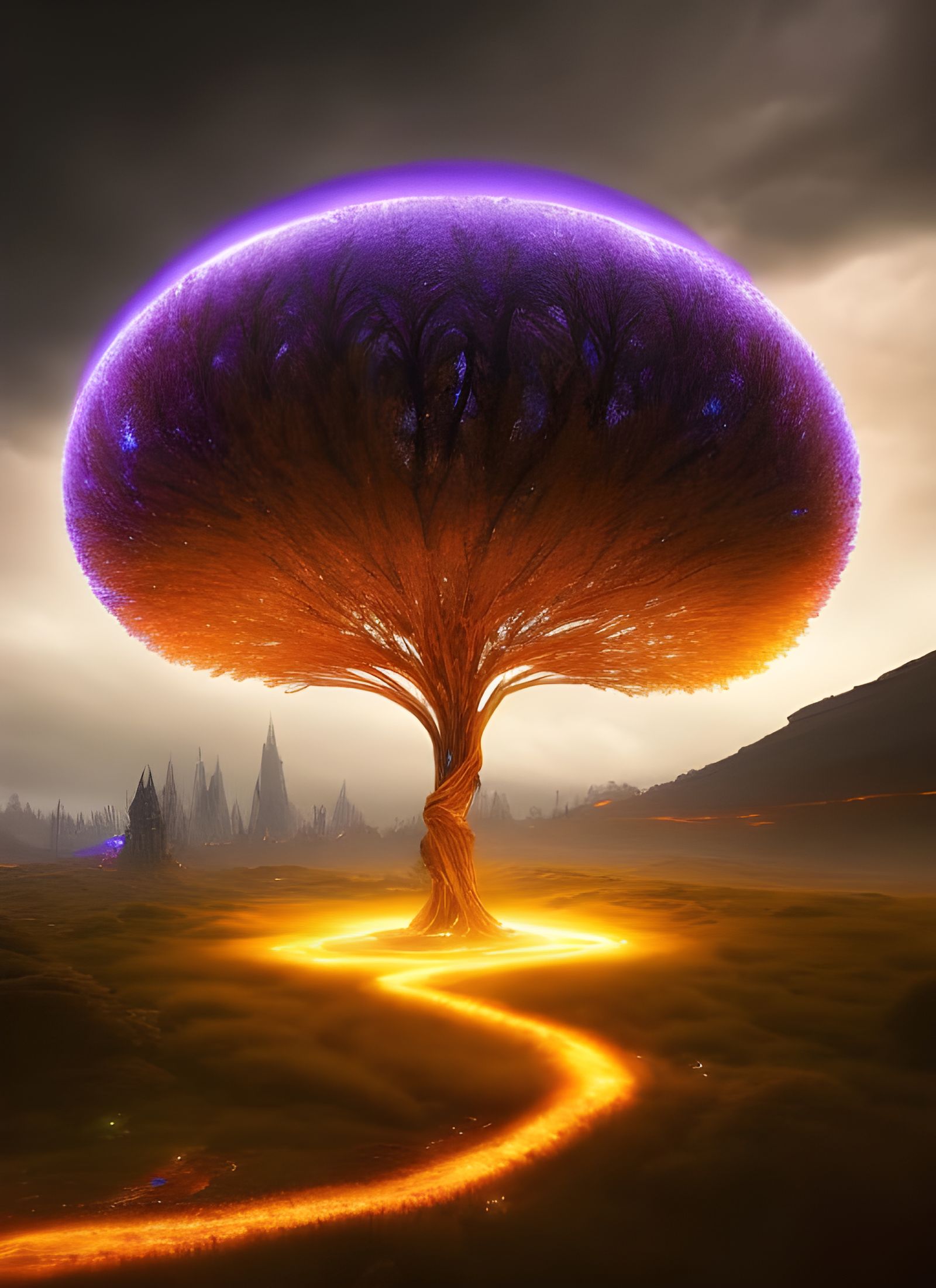 Magic Glowing Tree and Cyberpunk Castle