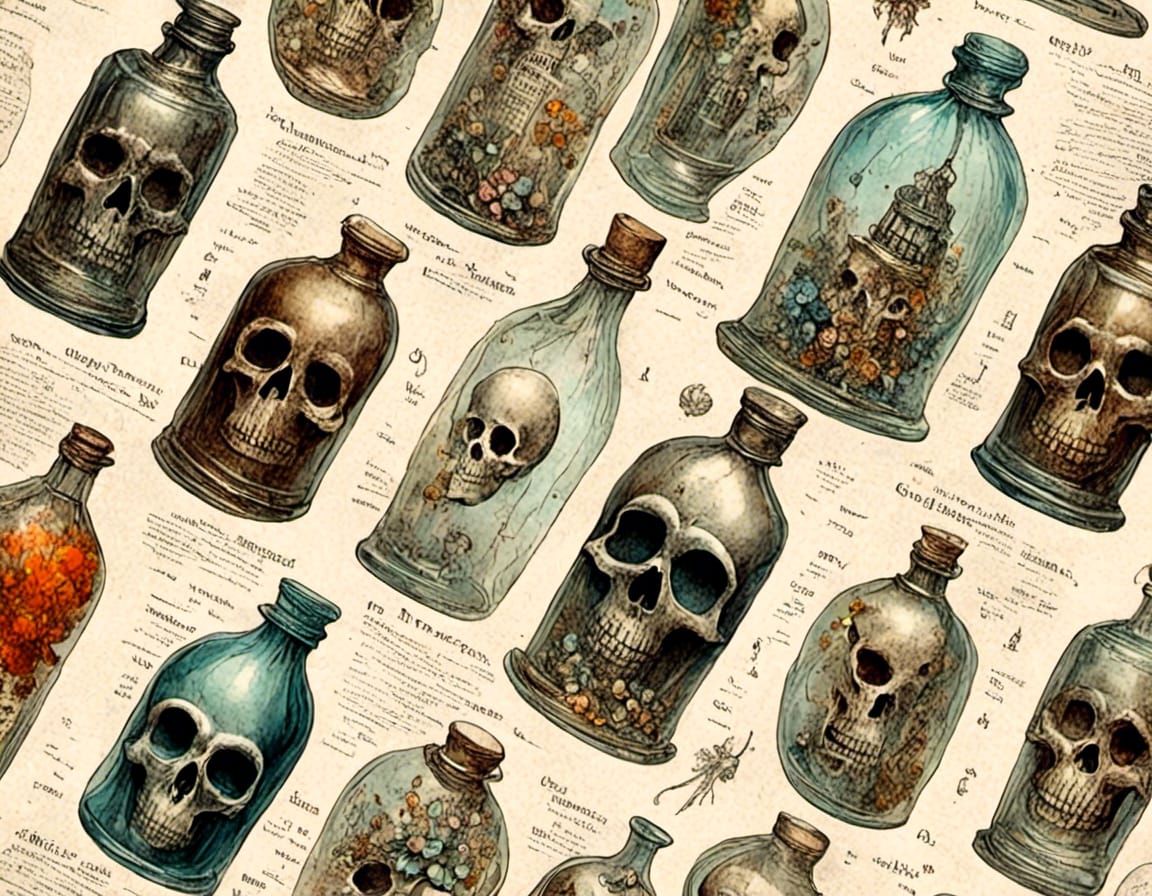 Vintage Bottles Filled with Spooky Art