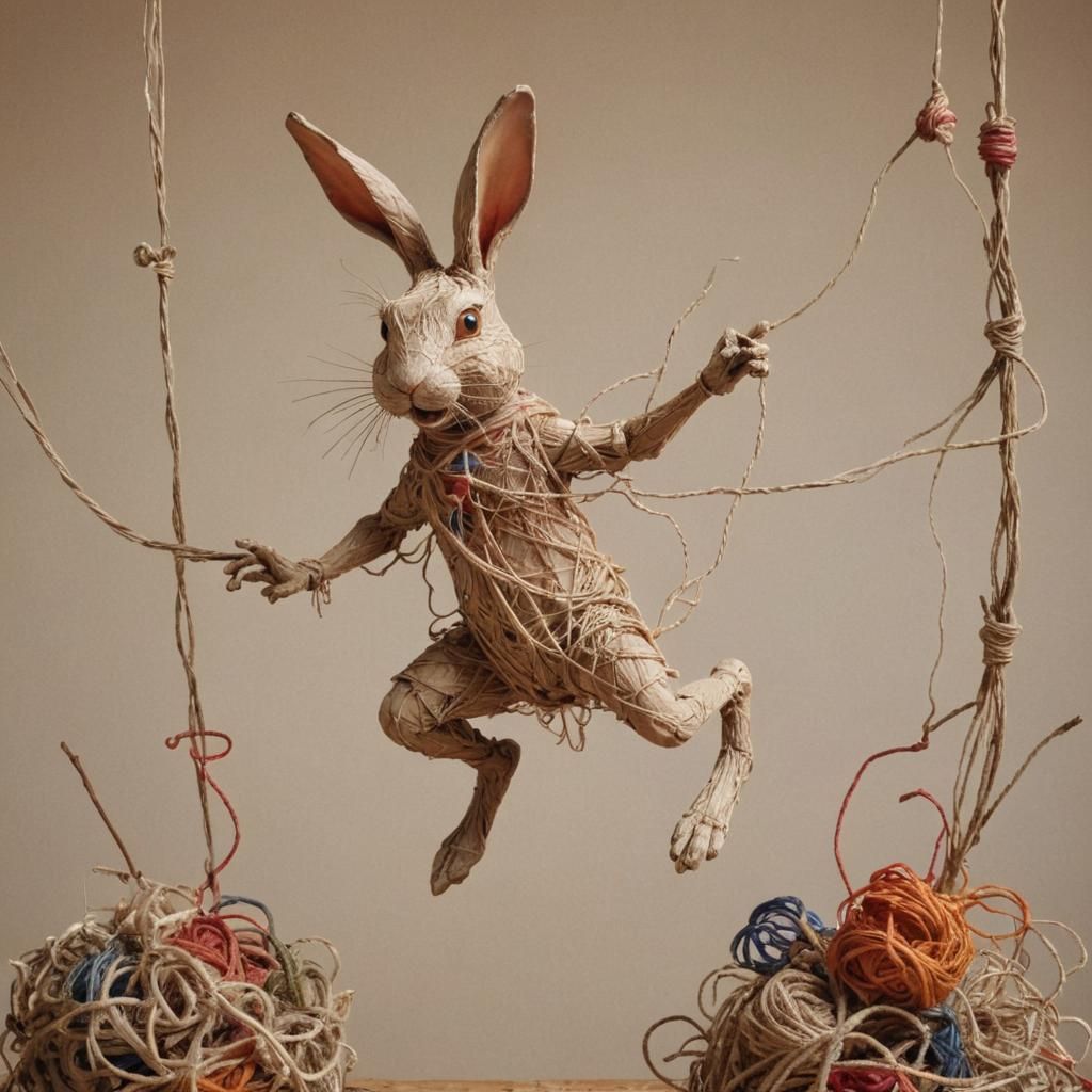 Surreal String Rabbit Sculpture in Abstract Expressionism