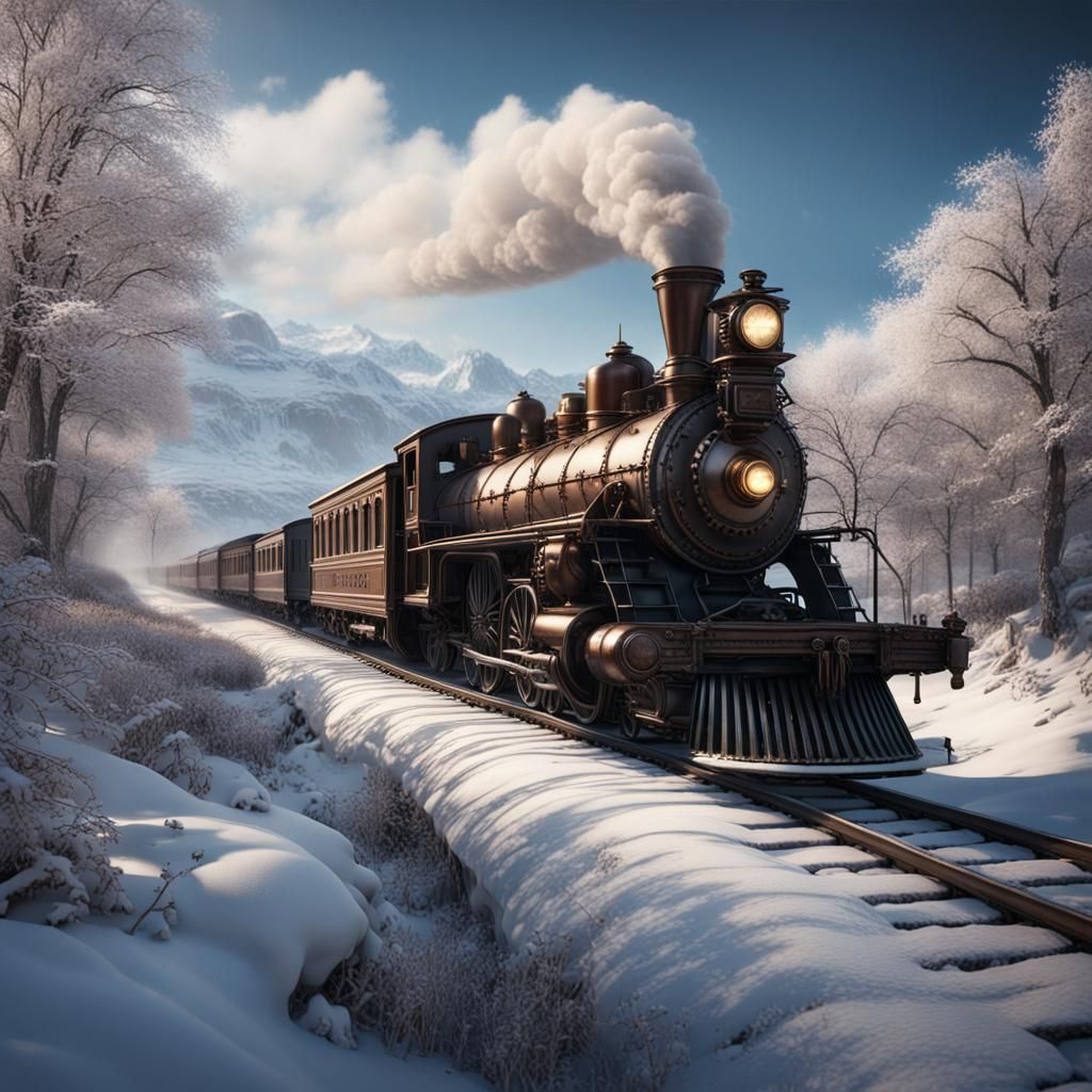 Vintage Train in Snowy Countryside, Detailed Matte Painting