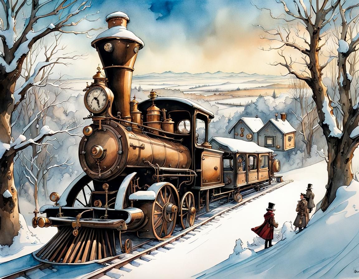 Steampunk Winter Wonderland in Ink and Watercolour