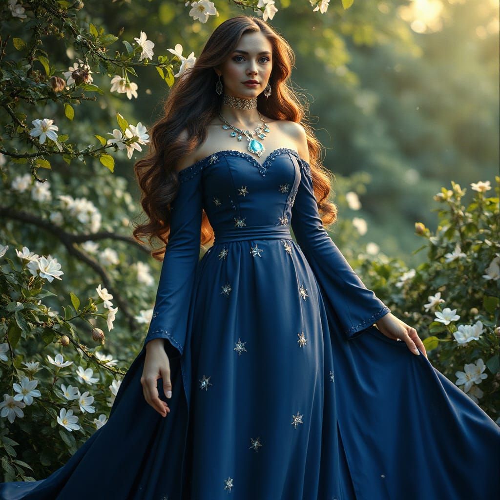 Elegant Woman in Starry Gown, Art Nouveau Style