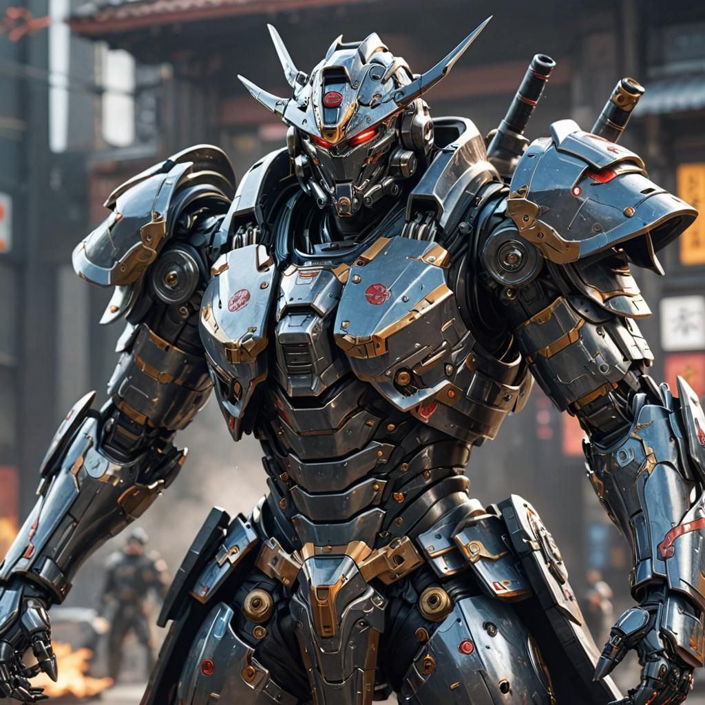 Anime-style mecha warrior japanese samurai outfitted in heav...