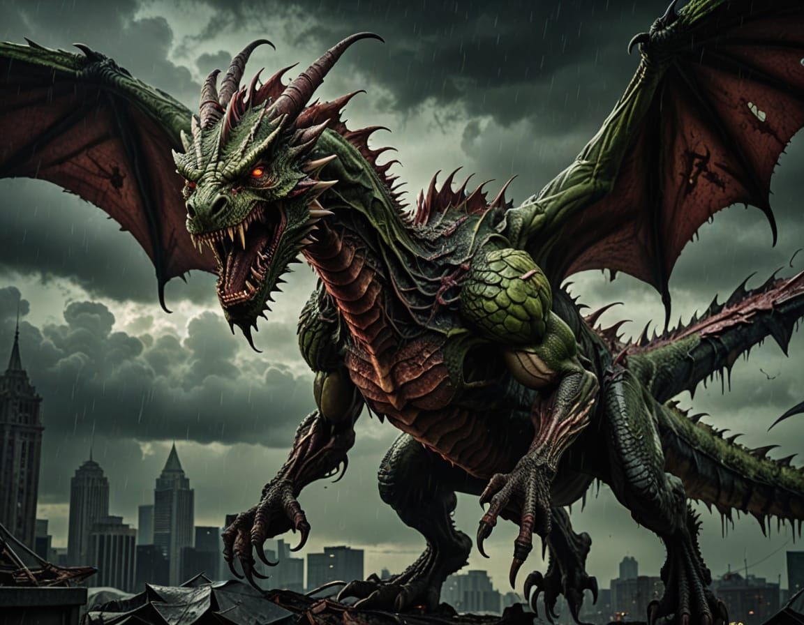 Zombie Dragon in Stormy Sky, Hyperrealistic Digital Art