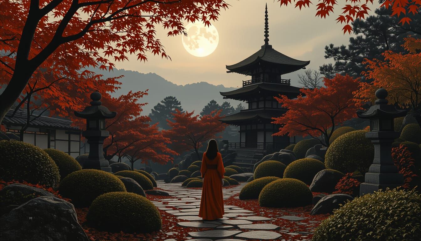 Kyoto Autumn Garden Under Moonlight