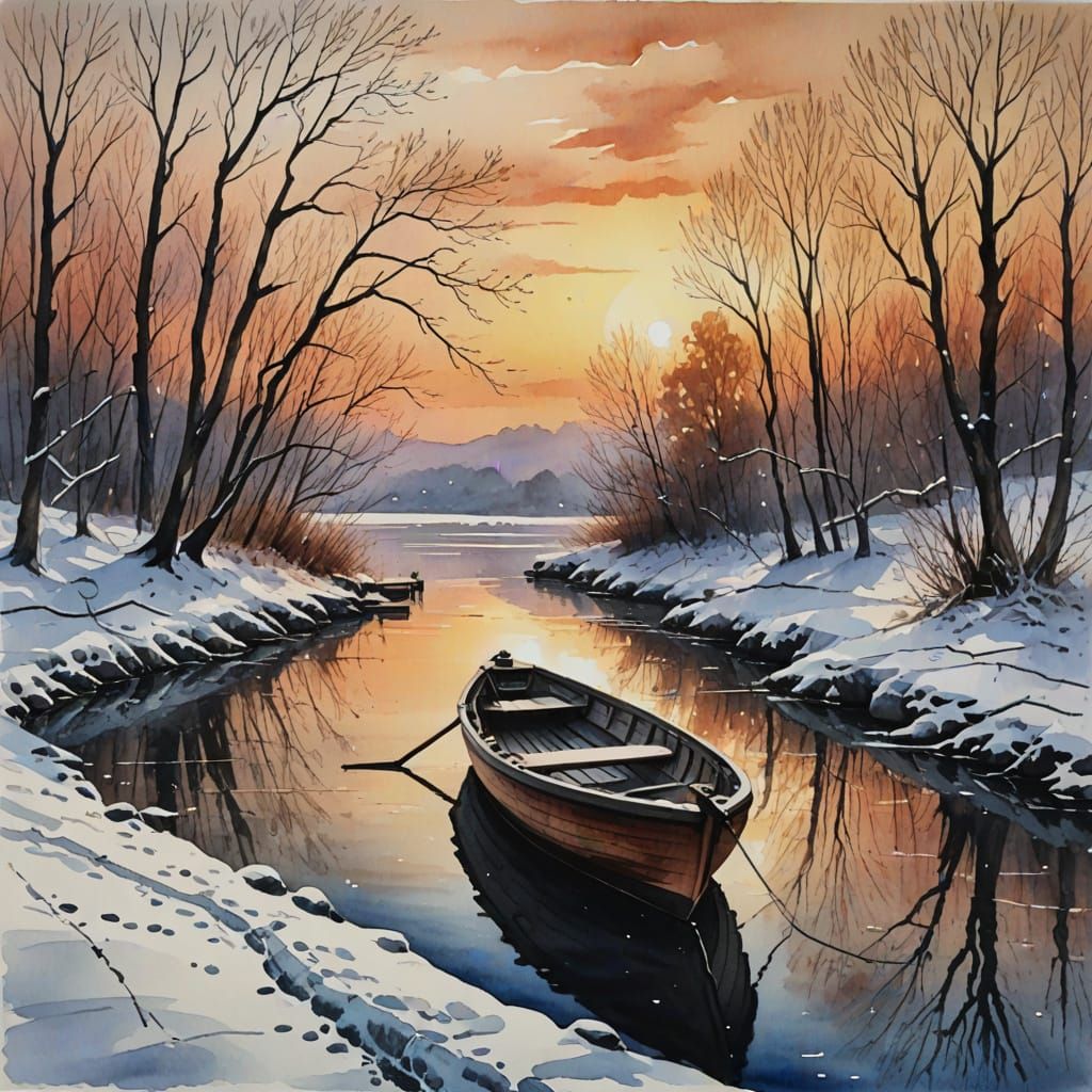 Winter Sunset Wooden Boat Watercolour Painting