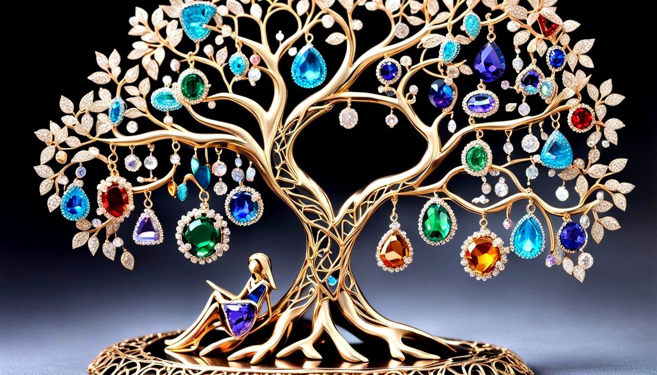 Glistening Gemstone Family Tree with Metallic Filigree