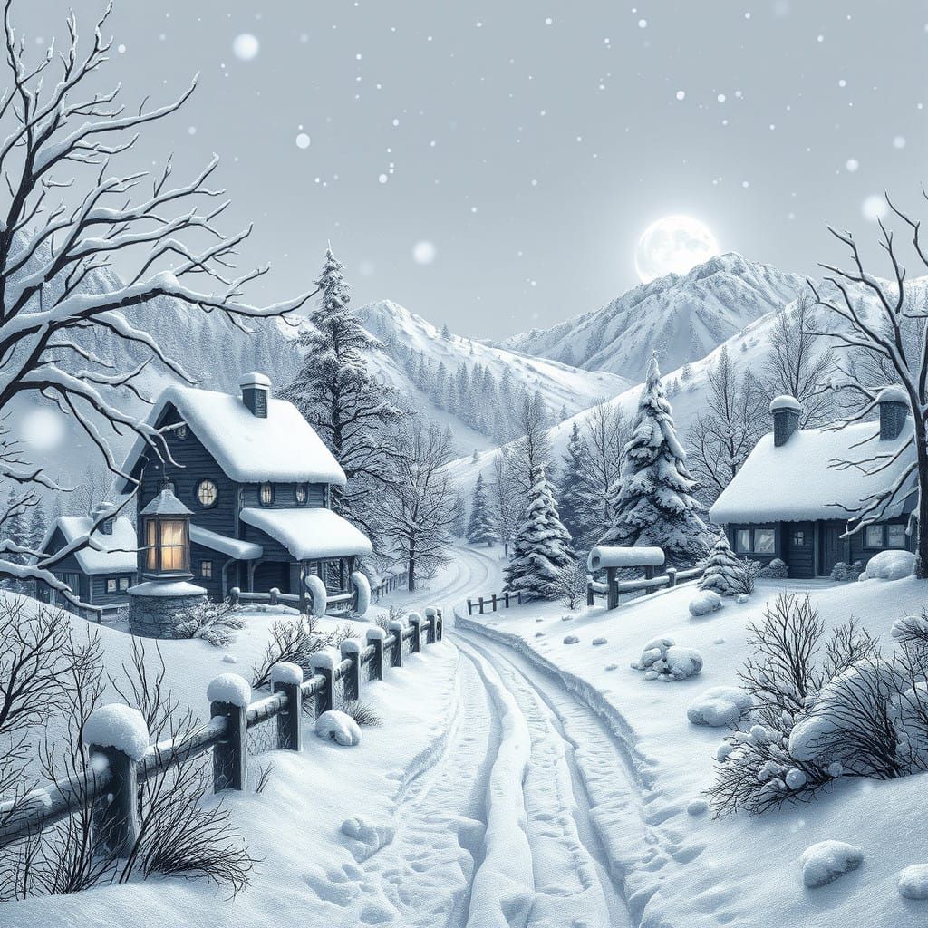 Whimsical Winter Wonderland in Black and White Art Style