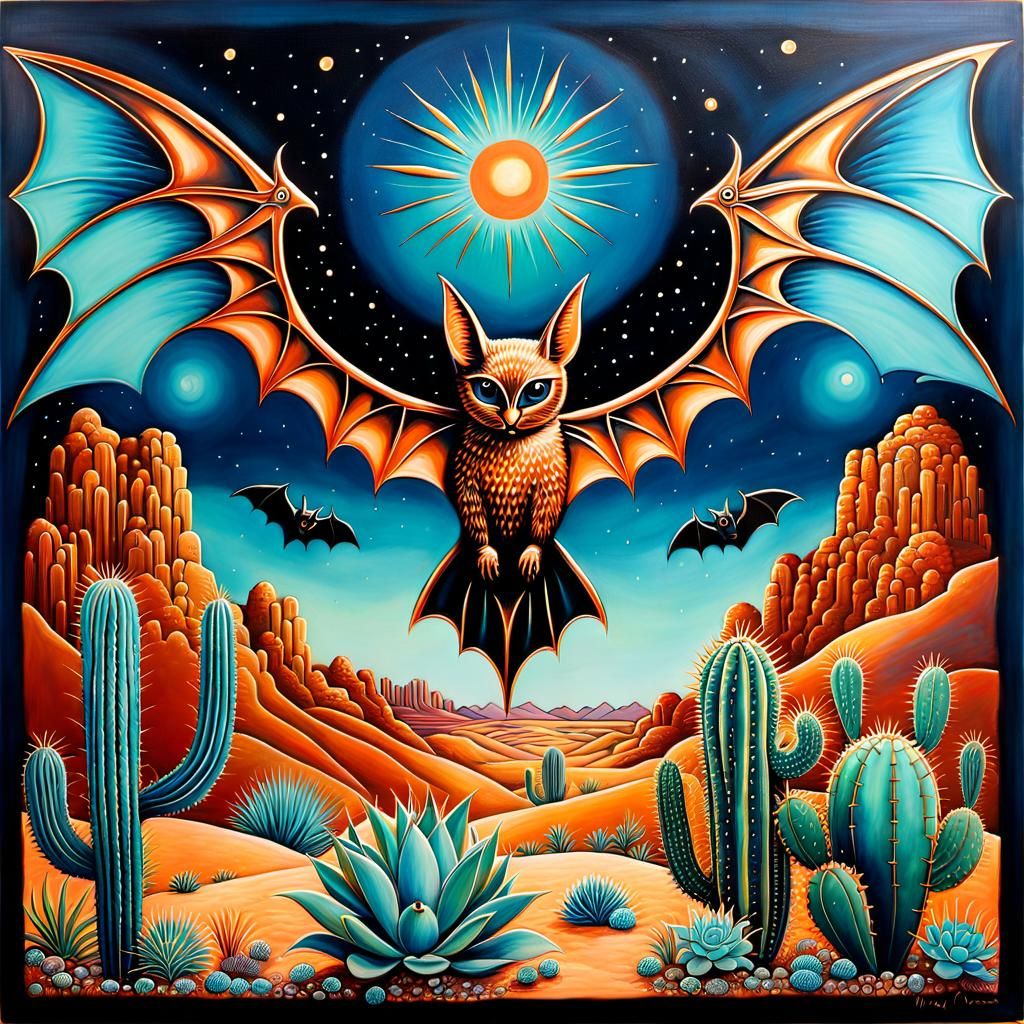 Art Deco Folk Art: Bats and Cacti Desert Scene