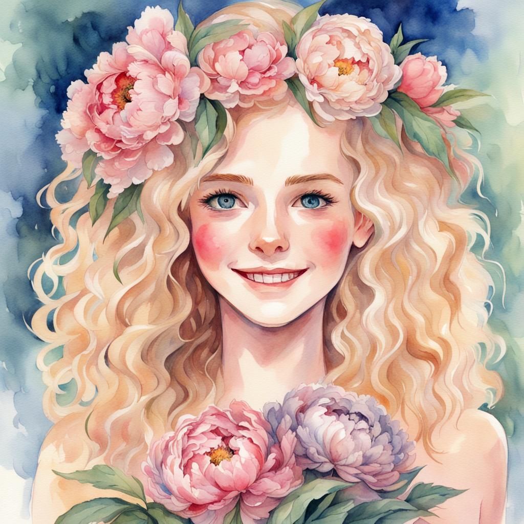 Blonde Girl with Peonies in Watercolor Style