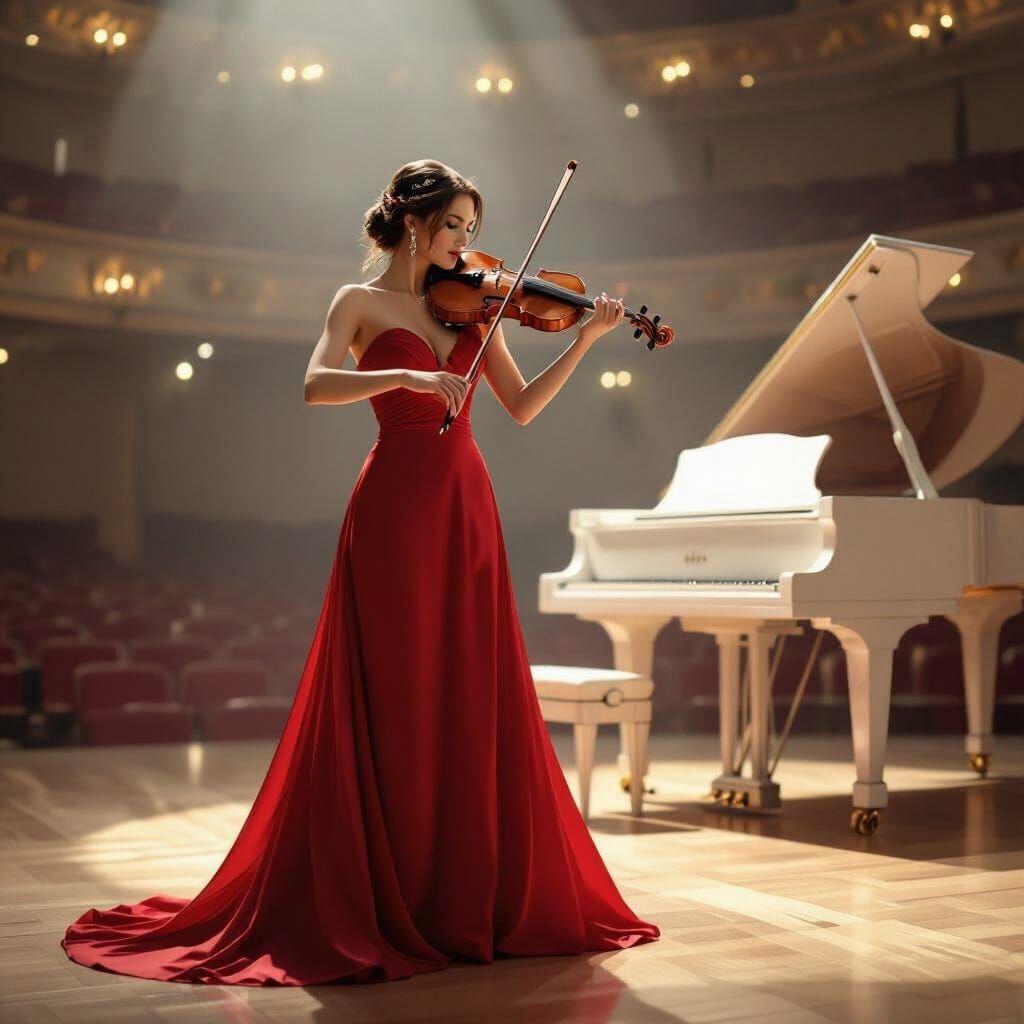 Woman in Red Dress Plays Violin in Concert