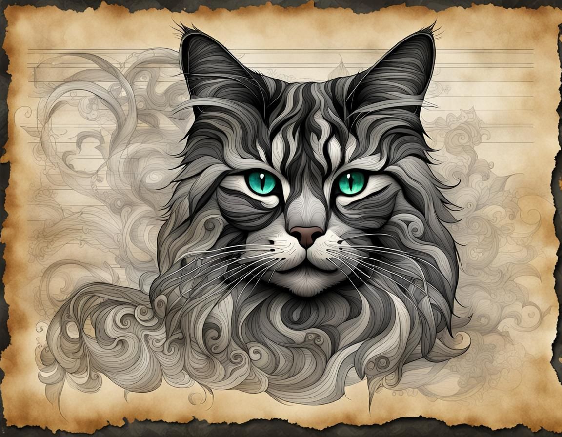 Maine Coon Cat Head Formed from Smoke on Parchment