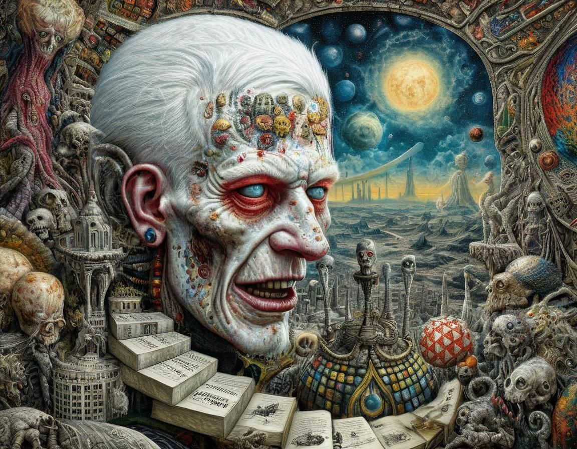 Surreal Tattooed Prophet in Mixed Media Style