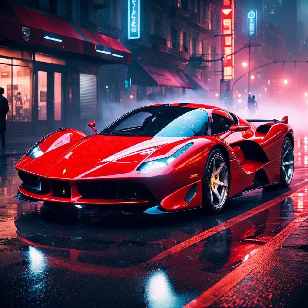Retro-Futuristic Ferrari Hypercar on Neon City Street
