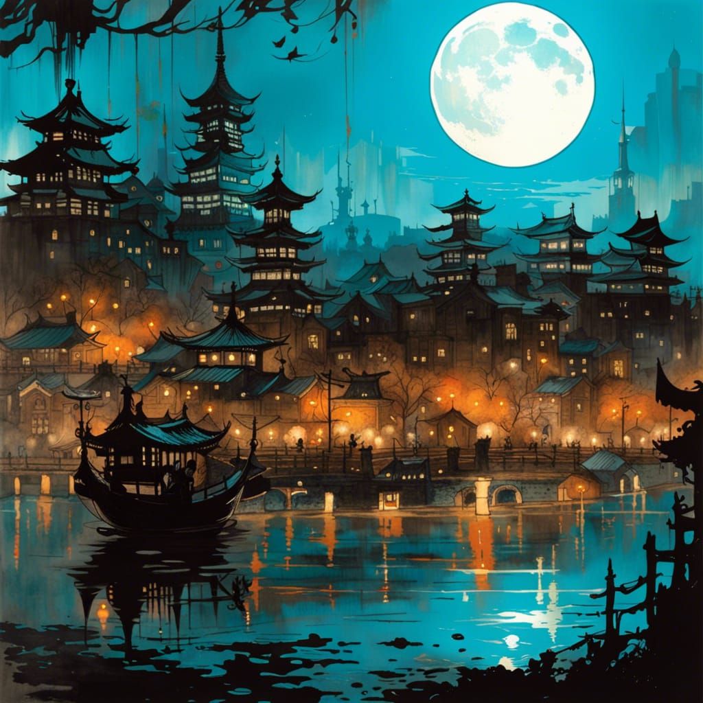 Moonlit Japanese Fishing Village: Surreal Gothic Illustratio...